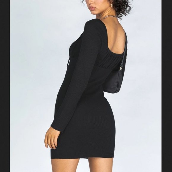 Long Sleeve Ruched Mini Dress Black - Picture 2 of 4